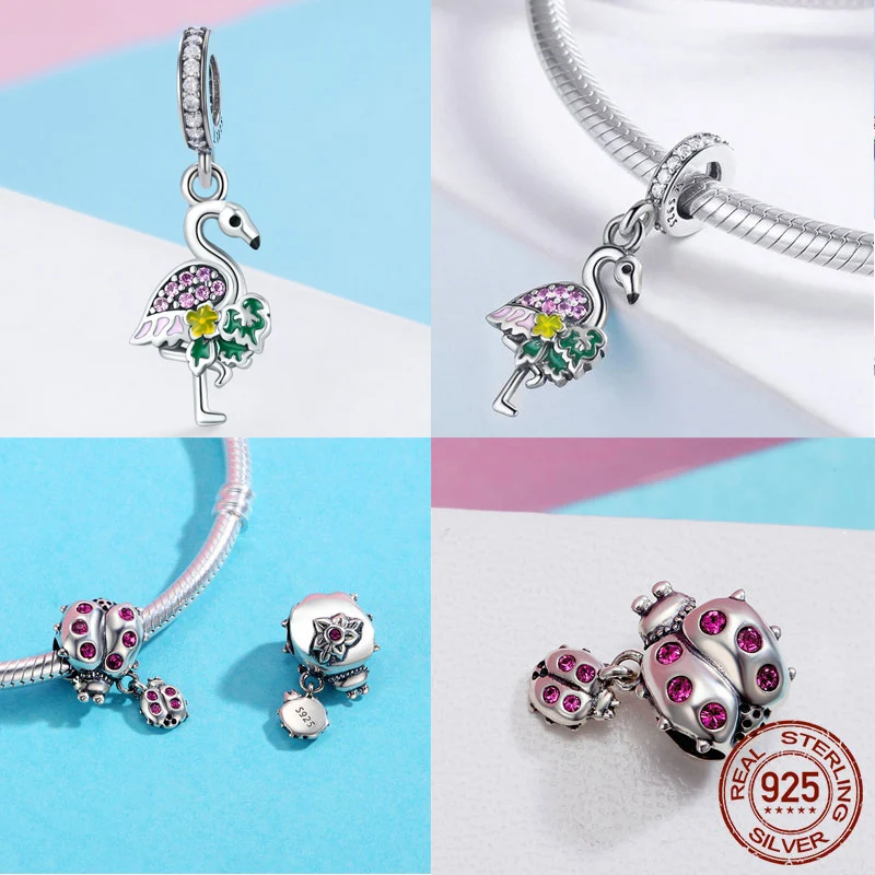 BISAER, 925 пробы, Серебряный Кот, фламинго, сова, птицы, бусины, животные, единорог, Подвески, подходят для шармов, серебро 925, оригинальное Изготовление ювелирных изделий
