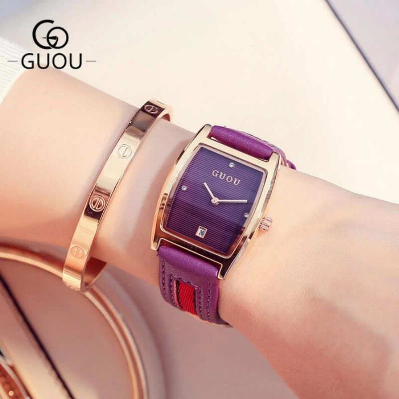 Guou Роскошные Брендовые Часы Модные женские часы кварцевые кожаные montre