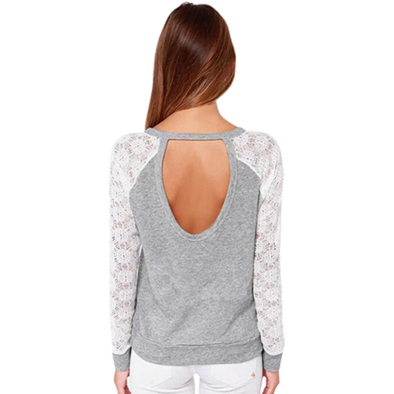 Female sweetshot Long Sleeve Sexy Lace Shirts Backless Embroidery Knitted Tops Pullover girl casual long sleeve for Women