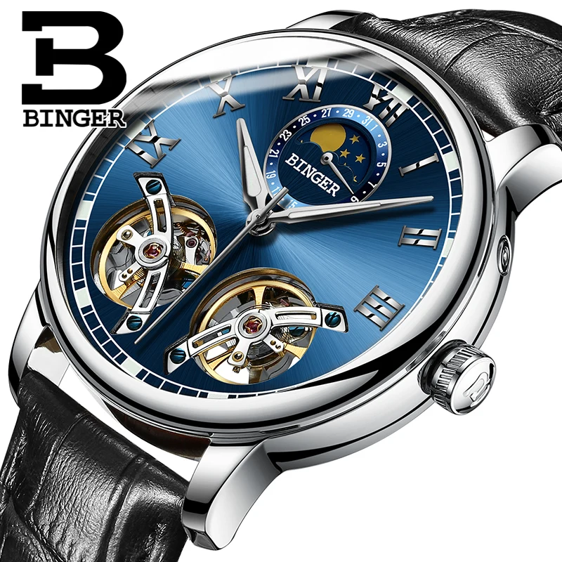 

BINGER Mens Moon phases Tourbillon Automatic mechanical Watches Men Top Brand Luxury Dive 30M Business Leather watch Man 2017