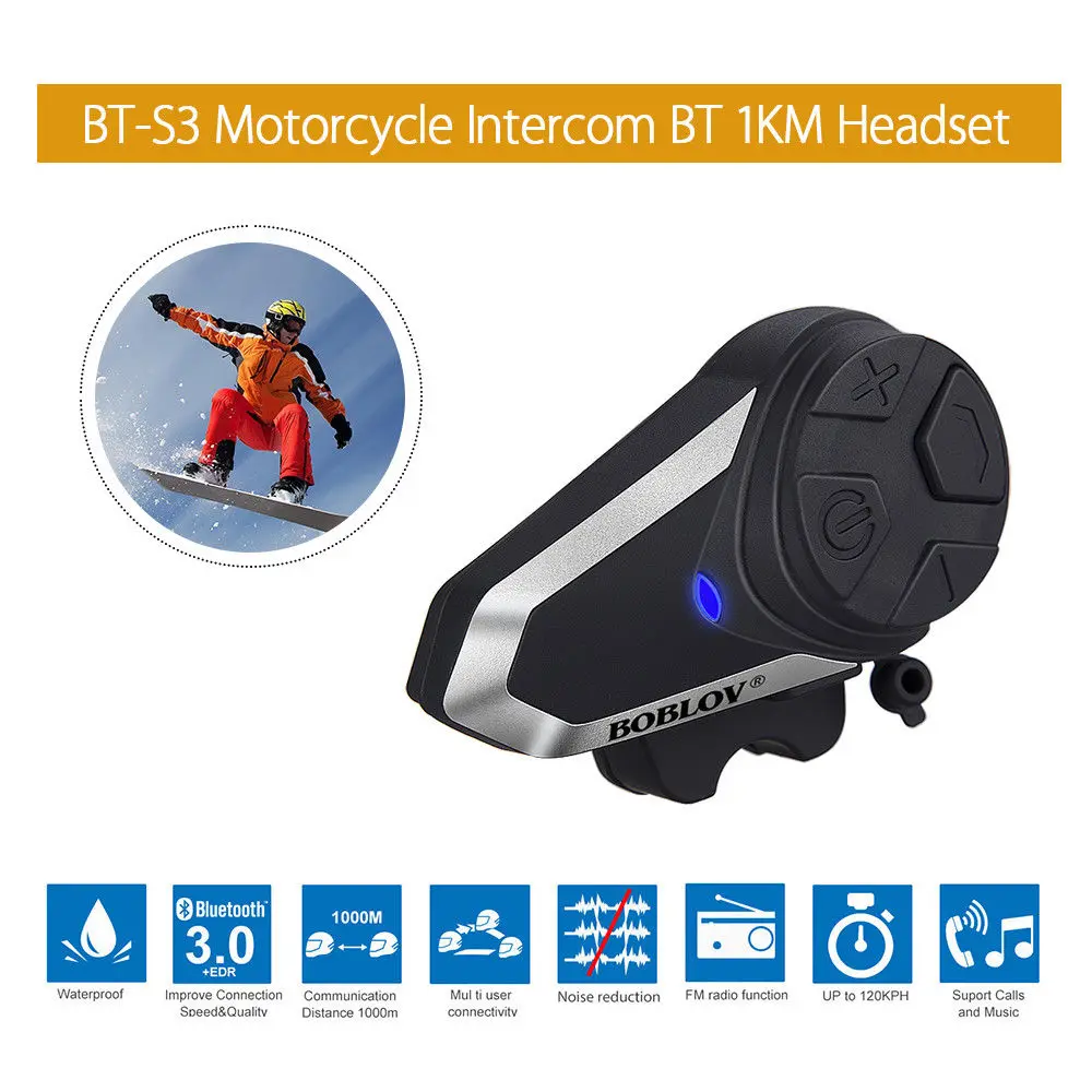 Мотоциклетная гарнитура Boblov BT S3 для шлема 1000 м водонепроницаемое переговорное