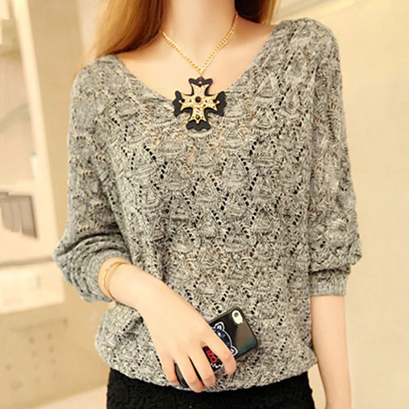 New Fashion Jerseys Women Sweaters Pullovers Casual Tops V-Neck Loose Batwing Sleeve Hollow Out Thin Knitted Sweater Women's | Женская