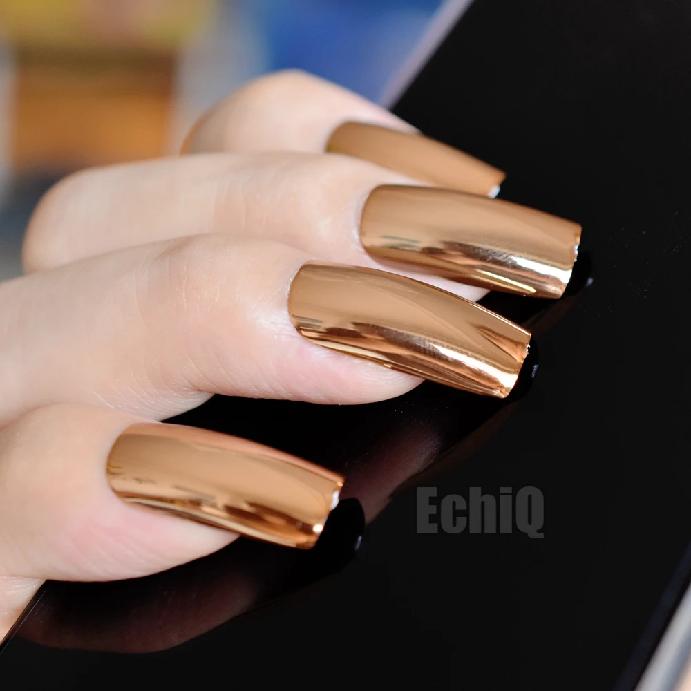 

Extra Long Press On Nails Glossy Champagne Mirror Acrylic Nail Tips Square Top 20pcs/kit
