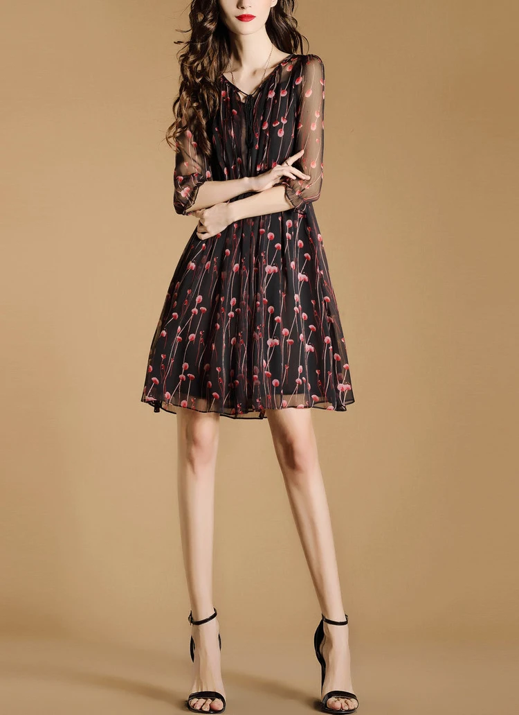 Fashion women dress ladies цветочные шифон vestidos симпатичные вишневый отпечатано v образным