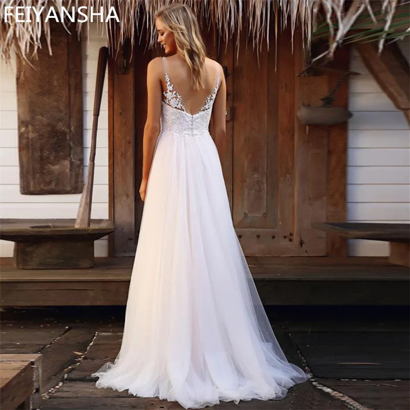 Свадебное платье без рукавов 2019 пляжный тюль для платья невесты с кружевной