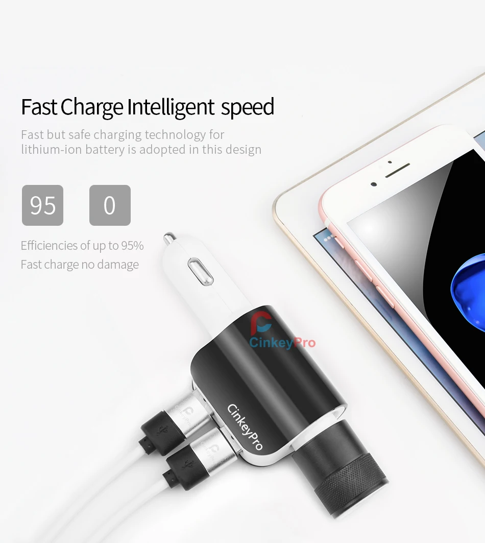 CinkeyPro автомобильное зарядное устройство прикуриватель адаптер 3.1A 2 порта USB телефон адаптер зарядки Micro type C кабель для iPhone samsung