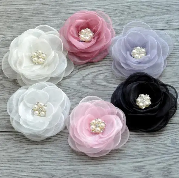 

30pcs/lot 4.3" 6colors Newborn Gauze Layered Flower+Rhinestone For Baby Girls Hair Accessories Rose Fabric Flowers For Headbands