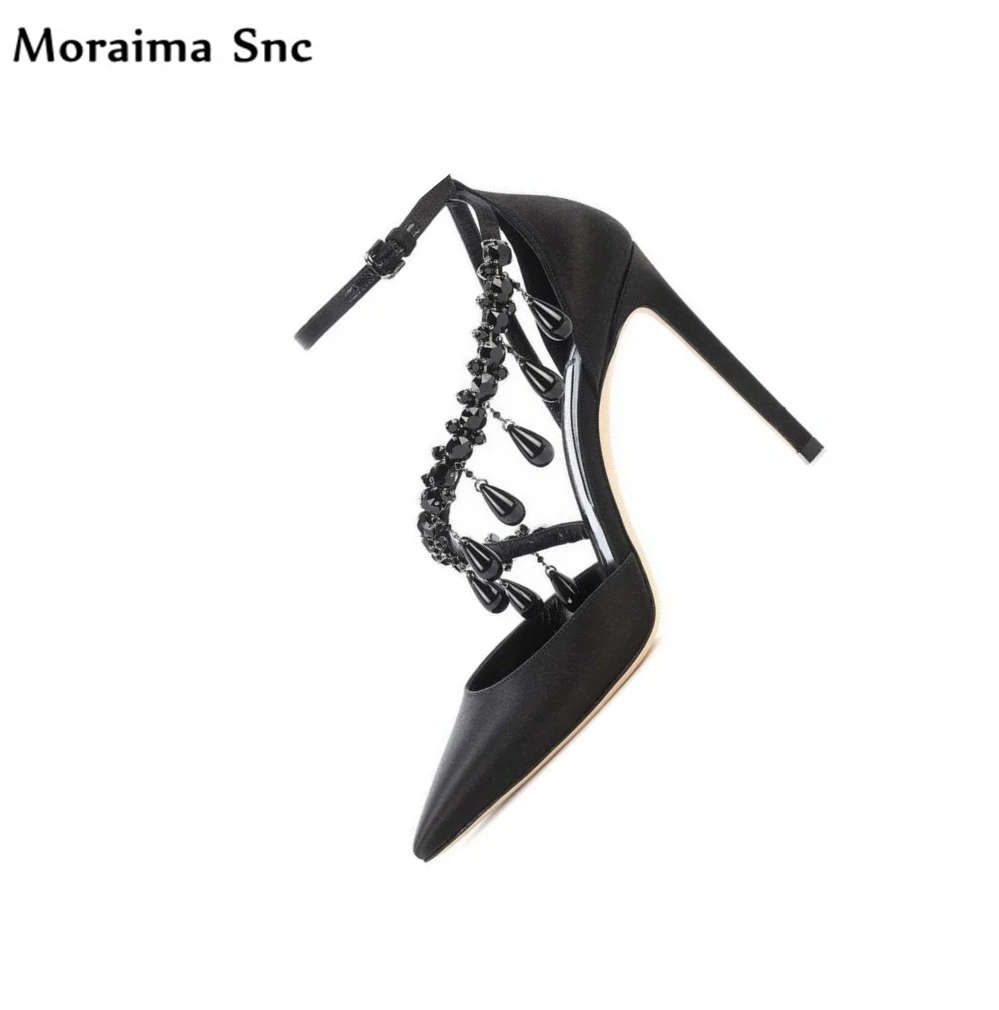 

Black Crystal Chain Decoration Sexy Women Shoes Pointed Toe Thin High Heels Ankle Buckle Silk Vamp Sandals