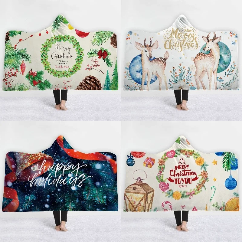 

New Christmas Printed 150*200cm Fleece Blanket Warm Soft Plush Hooded Blankets Wearable Throw Blanket For Adults Kids