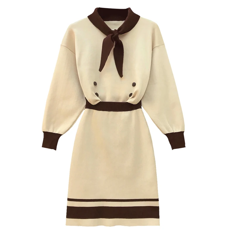 

PERHAPS U бежевый оранжевый коричневый лоскутный матросский воротник с длинным рукавом женская Юбка До Колена элегантный вязаный комплект из д...