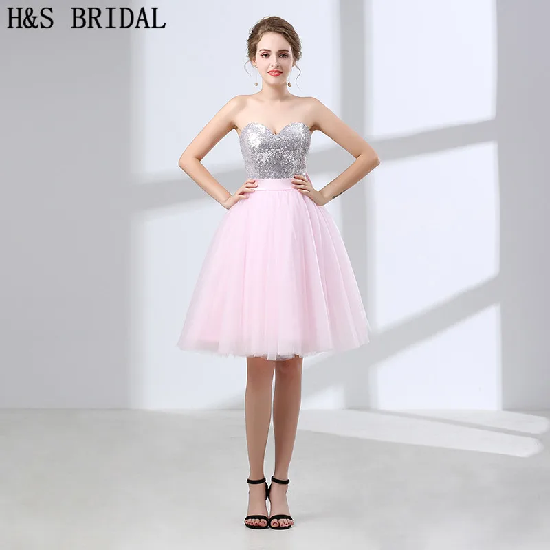 

H&S BRIDAL Sweetheart short evening dress Sequins Evening Dresses With Bow Pink Short Prom Dress Cheap Evening Gown vestido