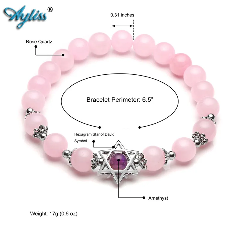 Ayliss Natural Stone Bracelets Hollow Six-pointed Star Elastic Bracelet Gem Purple Pink Stretch Jewelry 6.5&quotinch | Украшения и