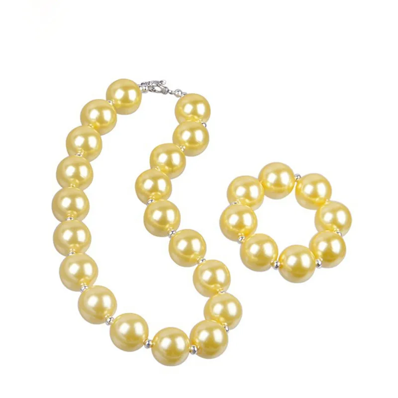 

2015 New Arrival Fashion Girl Cartoon Yellow Pearl Bracelet+Necklace Jewelry Set Kids Chunky Bubblegum Necklace Bracelet Set