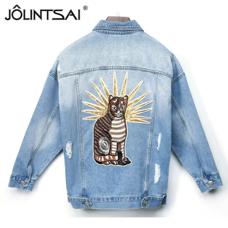 Vintage Cat Вышивка Джинсовая Куртка Женщины 2017 Новая Коллекция Весна Высокое