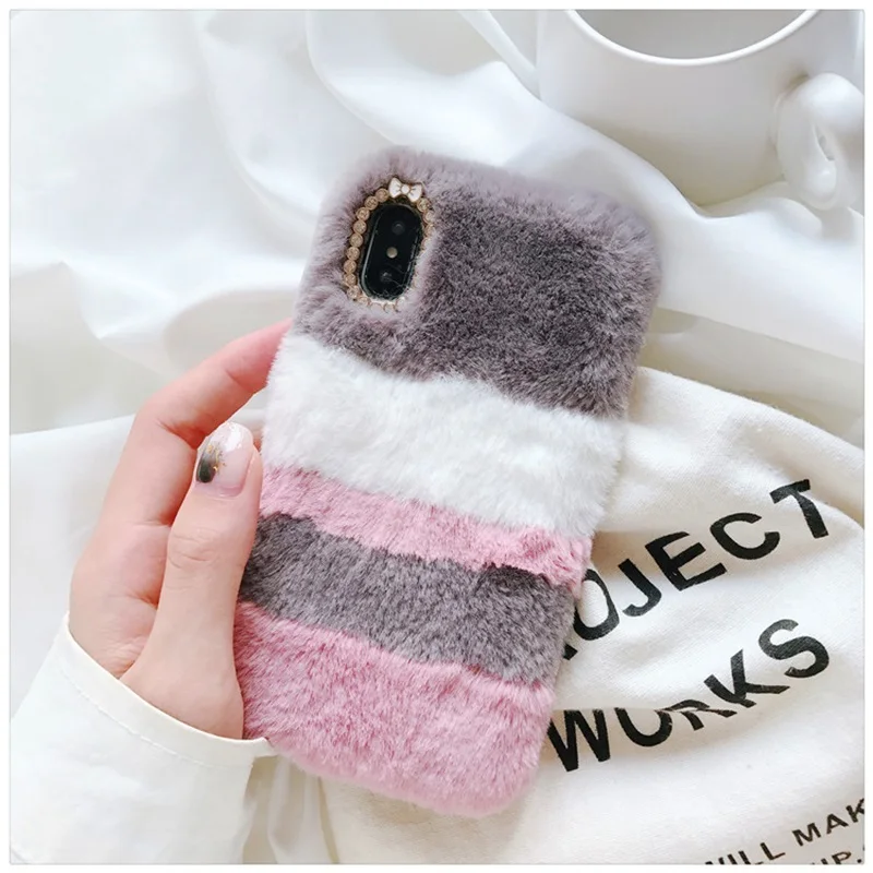 02 Fluffy Colour Rabbit Fur Case for Huawei honor mate P30 20 10 9 8 lite plus pro Play NOVA 4 3 i plus Diamond Soft Silicon cover - Цвет: 02