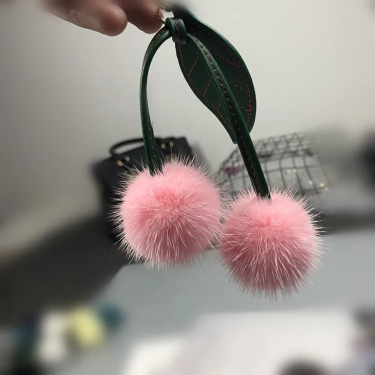 pink Импортный натуральный мех норки Вишневый брелок красный синий розовый белый натуральный мех норки pom Сумочка Подвеска плюшевые меховые украшения - Цвет: pink
