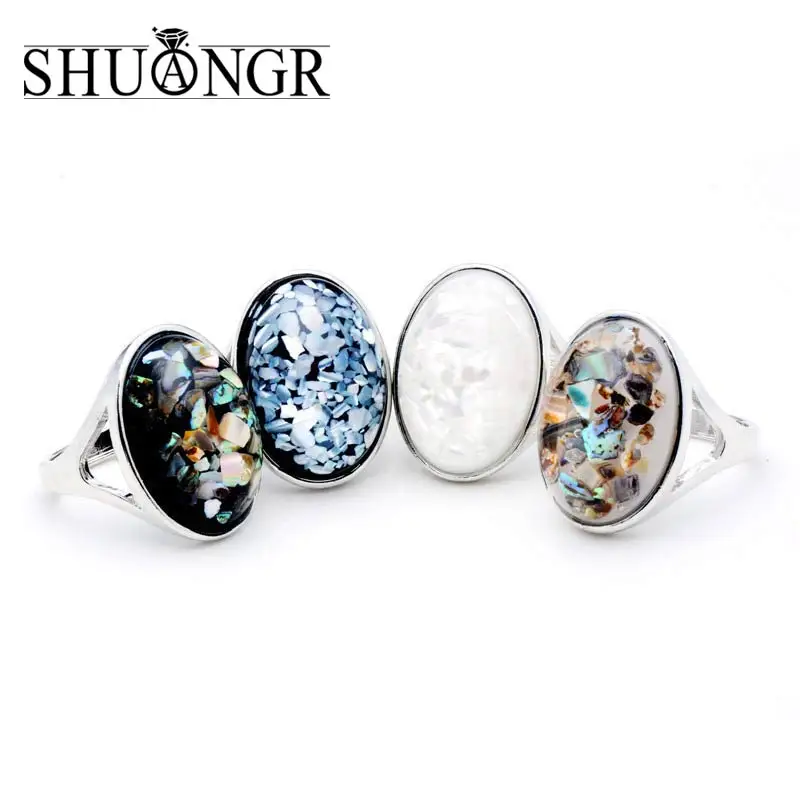 SHUANGR Дамская мода Элегантный овальный белый натуральный корпус большой камень кольца Античные Серебро Полые черные высококачественные серебряные ювелирные изделия