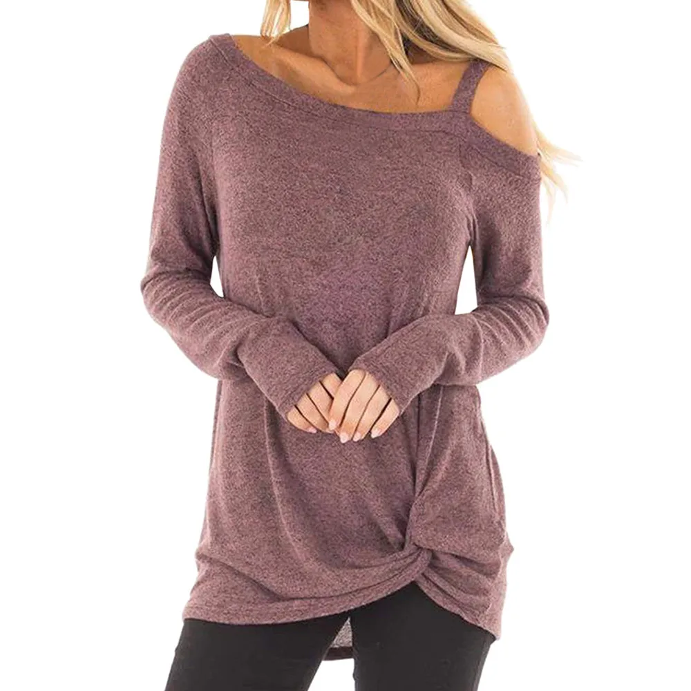 

Autumn Long Sleeves O Neck Knot Side Twist Shirt Women Cotton Blend off shoulder top Womens Tops And Blouses chemise femme #10