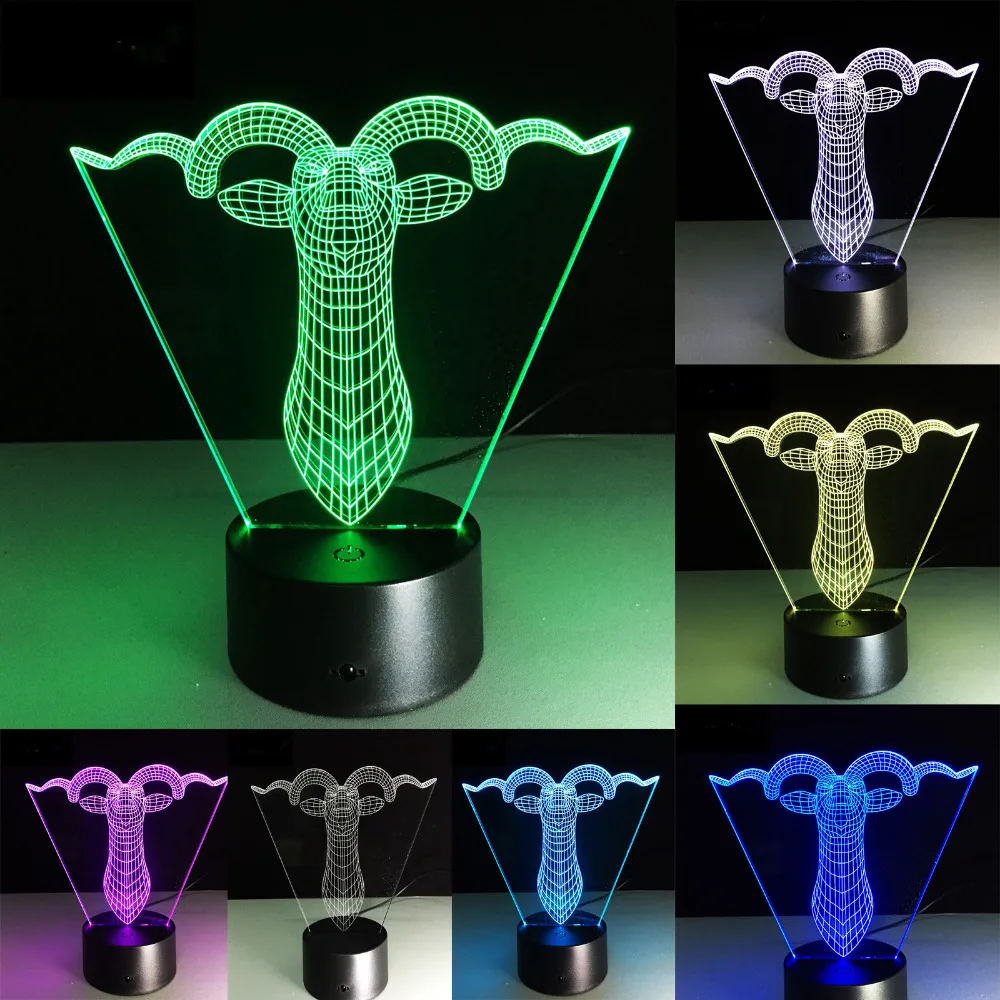 Новинка мультфильм 3D лампа Коза 7 цветов градиент светодиодный ночник для дома