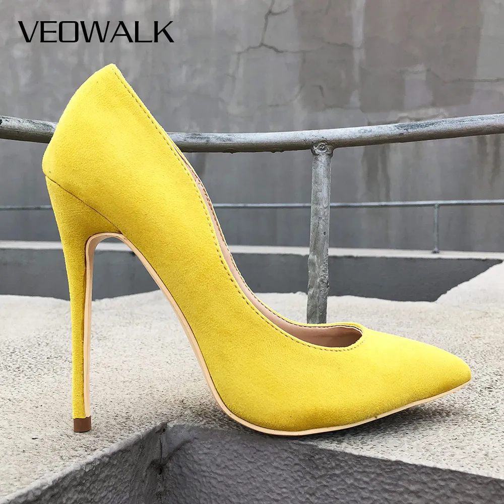 Veowalk/горчичный Для женщин пикантные туфли с острым носком на шпильках женская обувь на высоком каблуке; элегантная женская дизайнерская обувь из флока; Праздничные туфли-лодочки 8/10/12 сантиметров