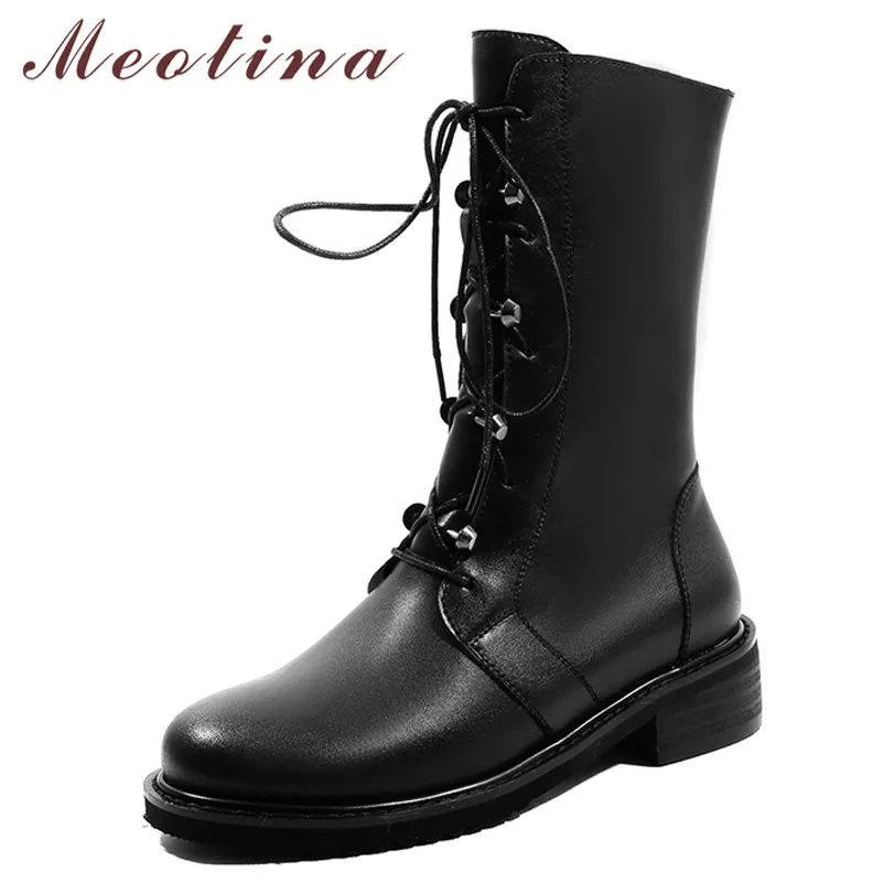 

Meotina Autumn Motorcycle Boots Women Natural Genuine Leather Thick Heel Ankle Boots Zipper Lace Up Shoes Ladies Plus Size 34-42