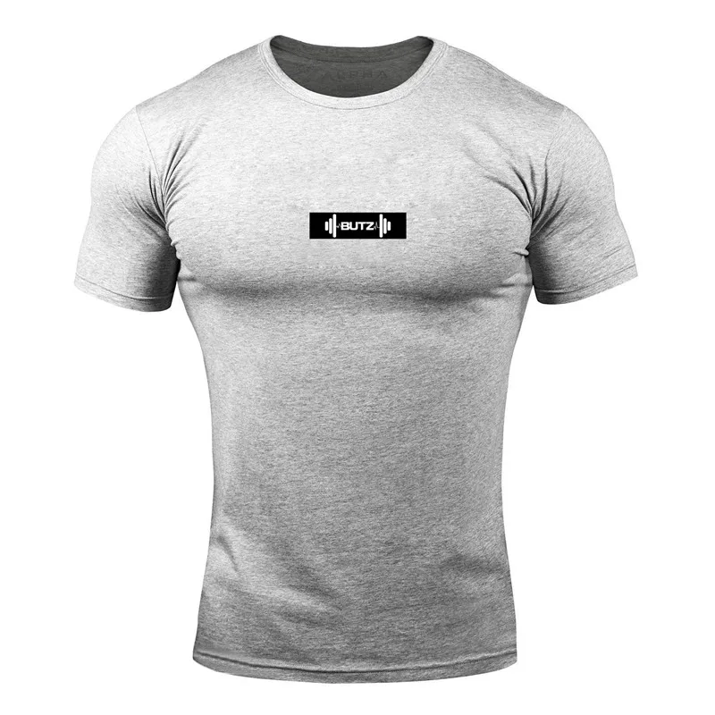light gray Модная мужская футболка из хлопка, дышащая мужская футболка с коротким рукавом для фитнеса, футболка для тренажерного зала, облегающая Повседневная летняя футболка - Цвет: light gray