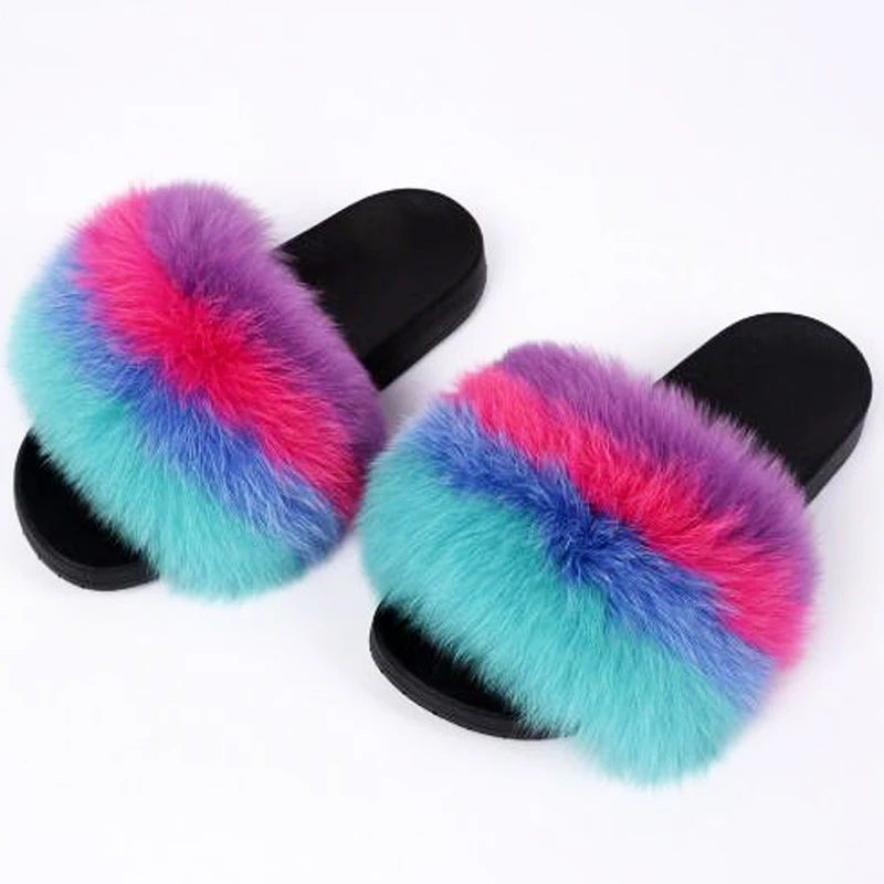 Женские меховые шлепанцы сандалии с открытым носком мех лисы/енота пушистые