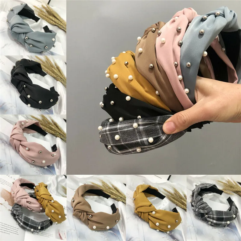 Женская повязка на голову с жемчугом модная тканевая узлом для волос аксессуары