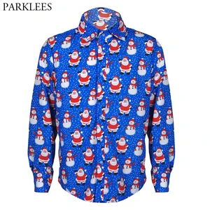Мужская повседневная приталенная рубашка в стиле хип-хоп, синяя Повседневная рубашка с 3D-принтом Санта-Клауса, вечерние рубашки