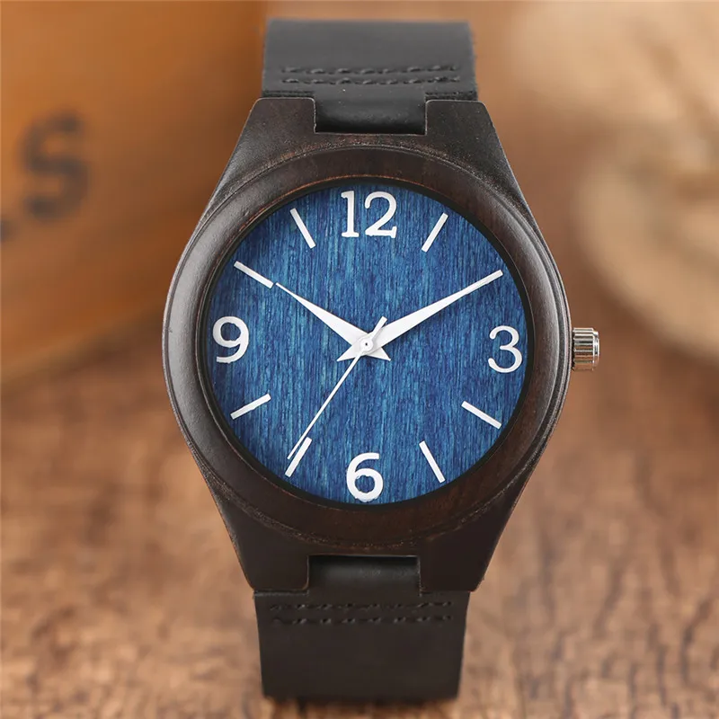 

Concise Sandalwood Watch Denim Blue Dial Genuine Leather Strap Casual Men Women Wood Wristwatch Modern Students Sport Clock saat