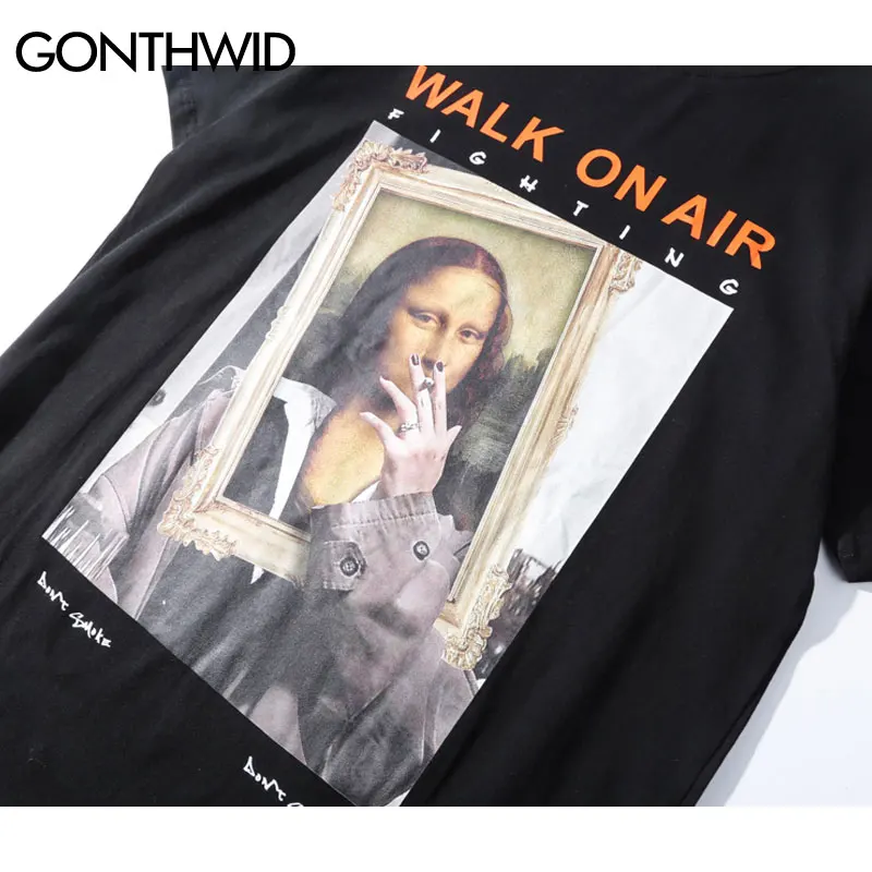 GONTHWID Smoking Mona Lisa футболки для мужчин и женщин забавные хип-хоп повседневные футболки с коротким рукавом и принтом модная мужская уличная одежда
