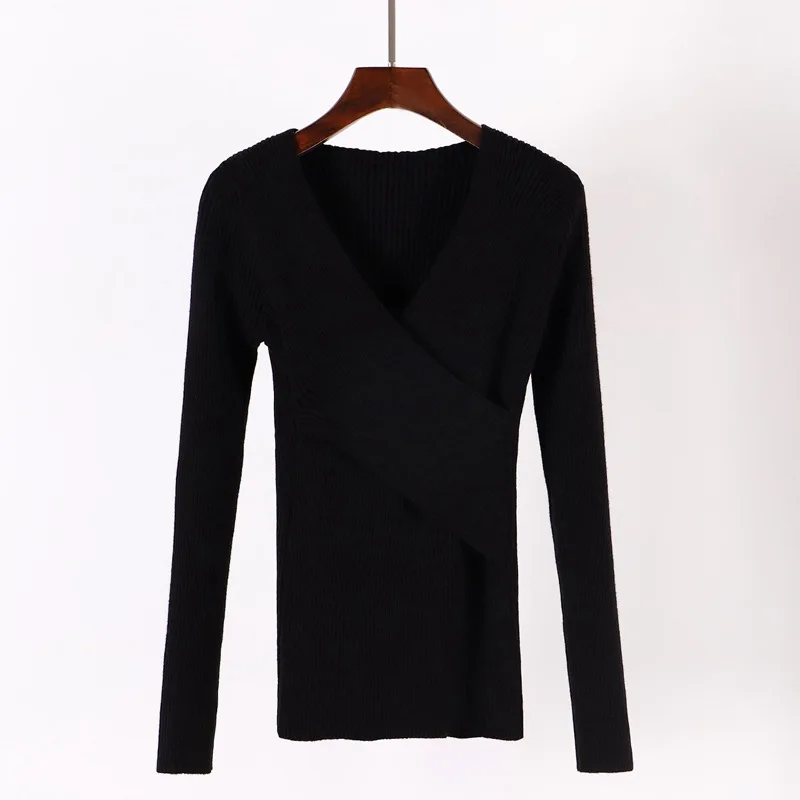 Black 1201 ONLYSVTER Sexy V Neck Wrap Women Pullover Sweaters Autumn Winter Long Sleeve Soft Casual Jumper Ribbed Knitted Pull Top Femme - Цвет: Black 1201