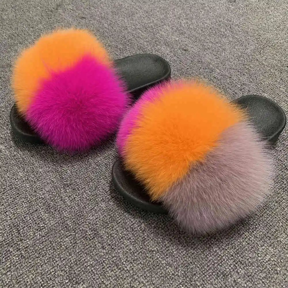1 CCFUR New Colors Summer Slides Women's Real Fox Fur Slippers Fluffy Fur Sliders Mixed Color Fashion Lady S6048 - Цвет: 1