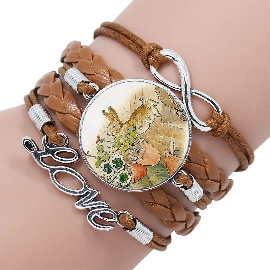 Многослойный черный/коричневый кожаный браслет со стеклом кабошон для девочек |