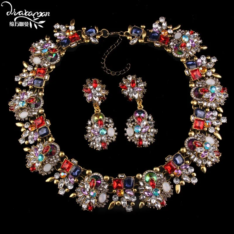 Dvacaman Роскошные Femme Bijoux Кристалл цветок Индийская Свадьба Ювелирные наборы для женщин себе ожерелье и серьги аксессуары A31