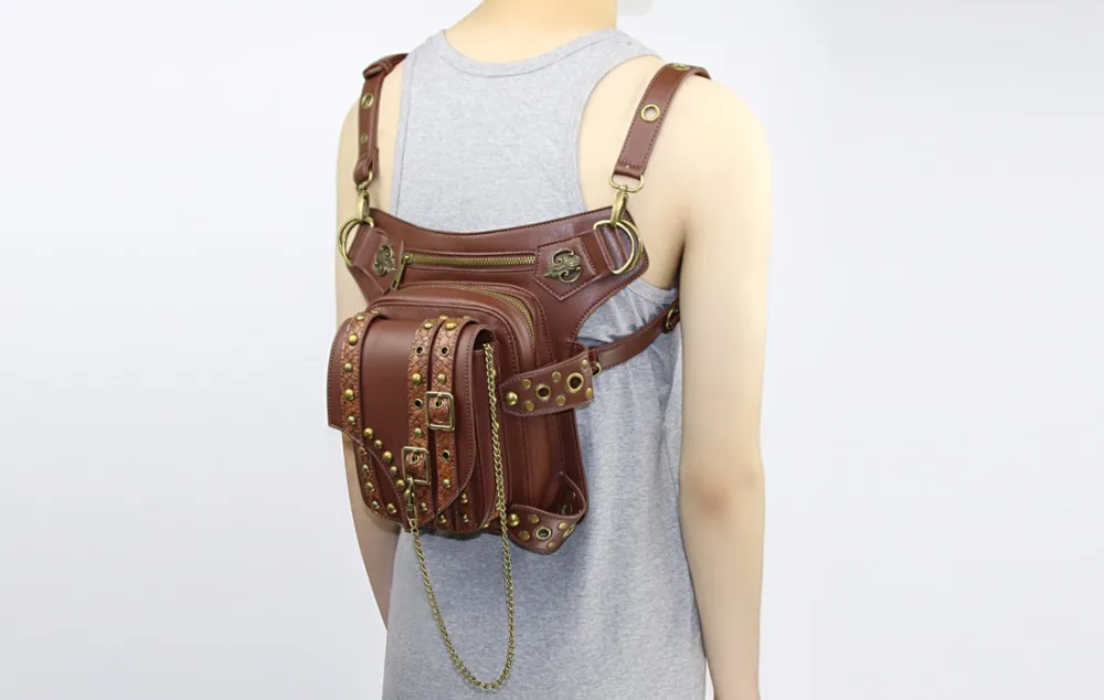 Gear Duke Steampunk Waist Pack Bag Retro Rock Gothic brown Fanny Bag Pack Shoulder Bag Vintage Men Women Leather Leg Bag