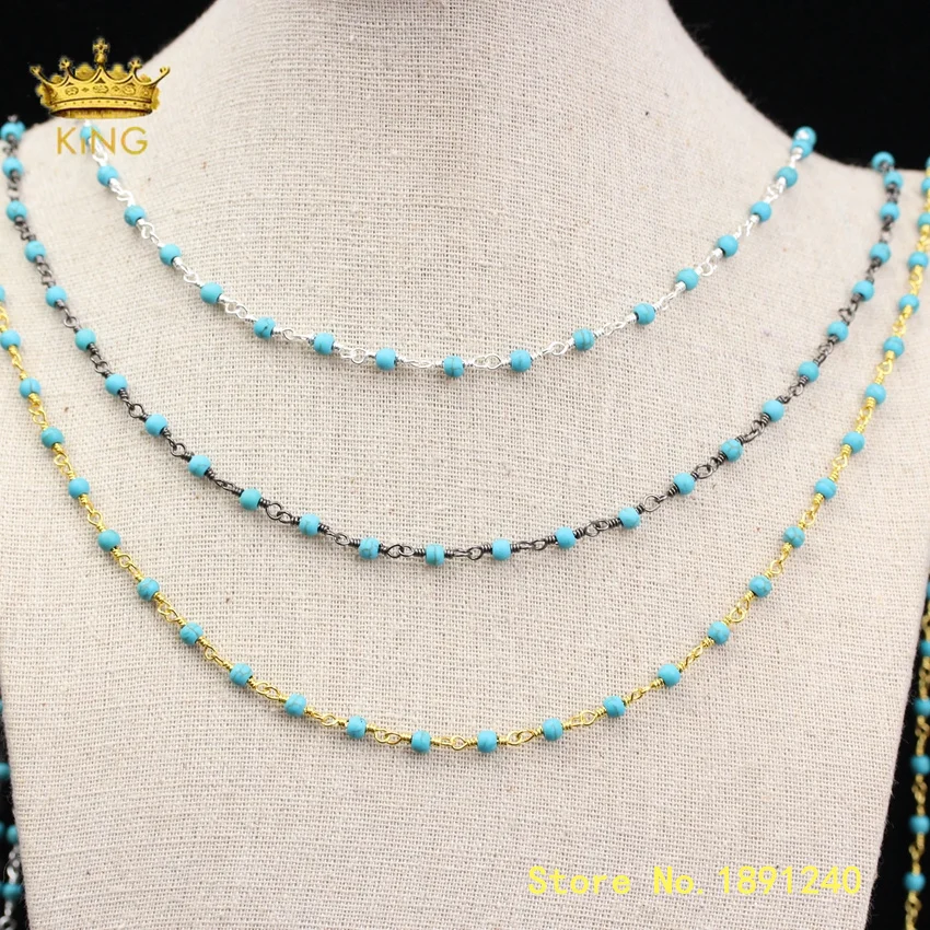 

5meters Howlite Chain Jewelry Making,4mm Blue Turquoises Round Loose Beads Rosary Chains DIY Choker Anklet Necklace Women ZJ361