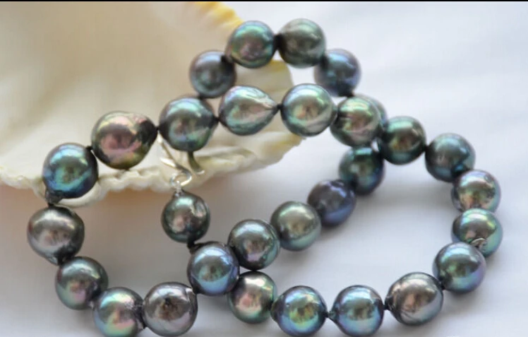 Мода блеск 17 &quot13 мм павлин черный почти круглый жемчуг Эдисон ожерелье 925