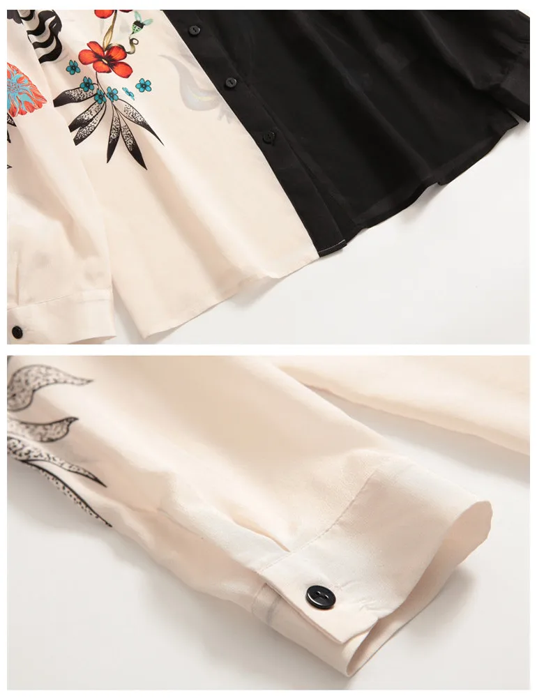 

Women's High quality 100% silk Shirts European 2019 brand new floral print long sleeves Shirts & Blouses A155