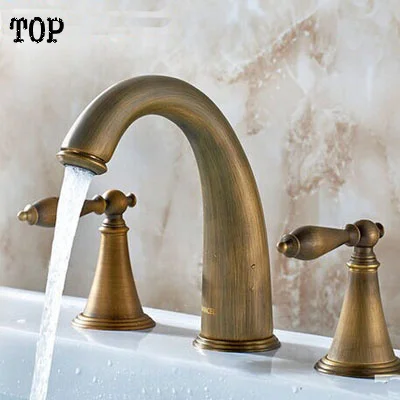 

Antique brass sink taps basin mixer hot and cold water mixer tap Double handle Three holes bathroom faucet