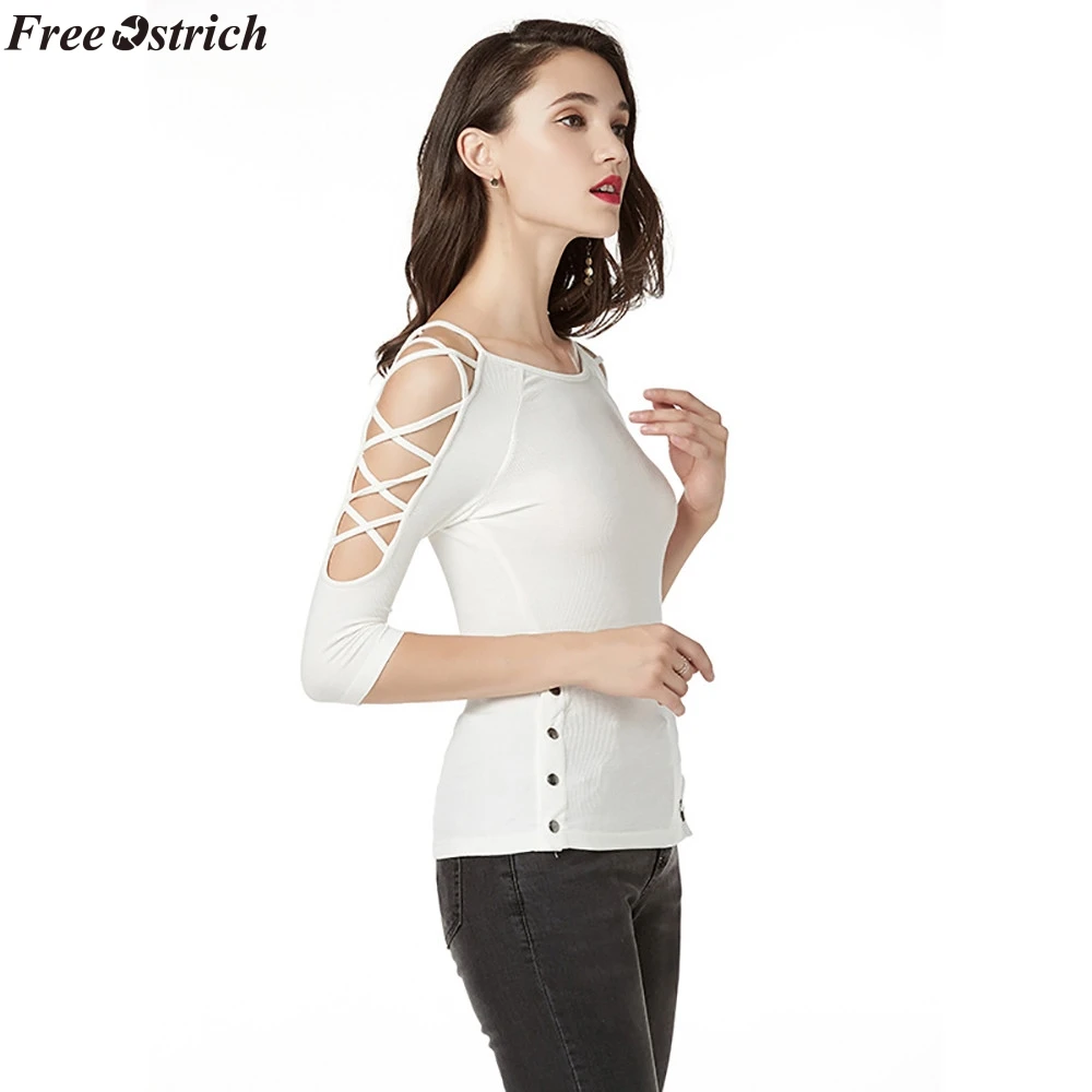 Бесплатная Страусиная женская футболка с вырезом открытыми плечами и круглым