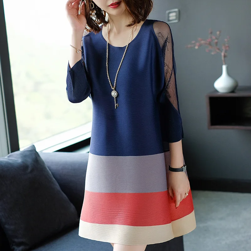 Размера плюс платье для женщин новые летние полосатые контрастные Цвет с