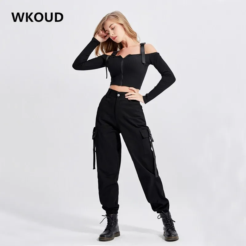 Женские брюки карго WKOUD повседневные черные свободные Капри с высокой талией и