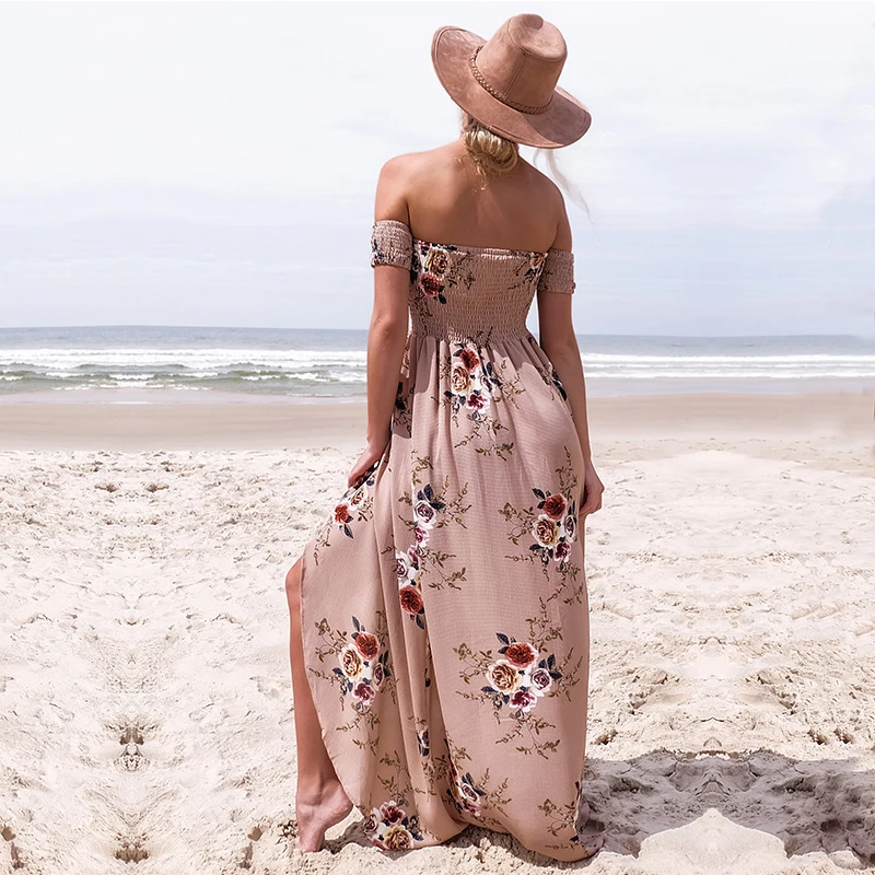 Женское пляжное платье Boho длинное с открытыми плечами шифоновое винтажное