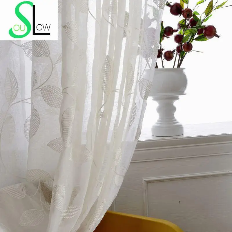 Замедленная душа белые листья Европейский Лен вышитые шторы для гостиной
