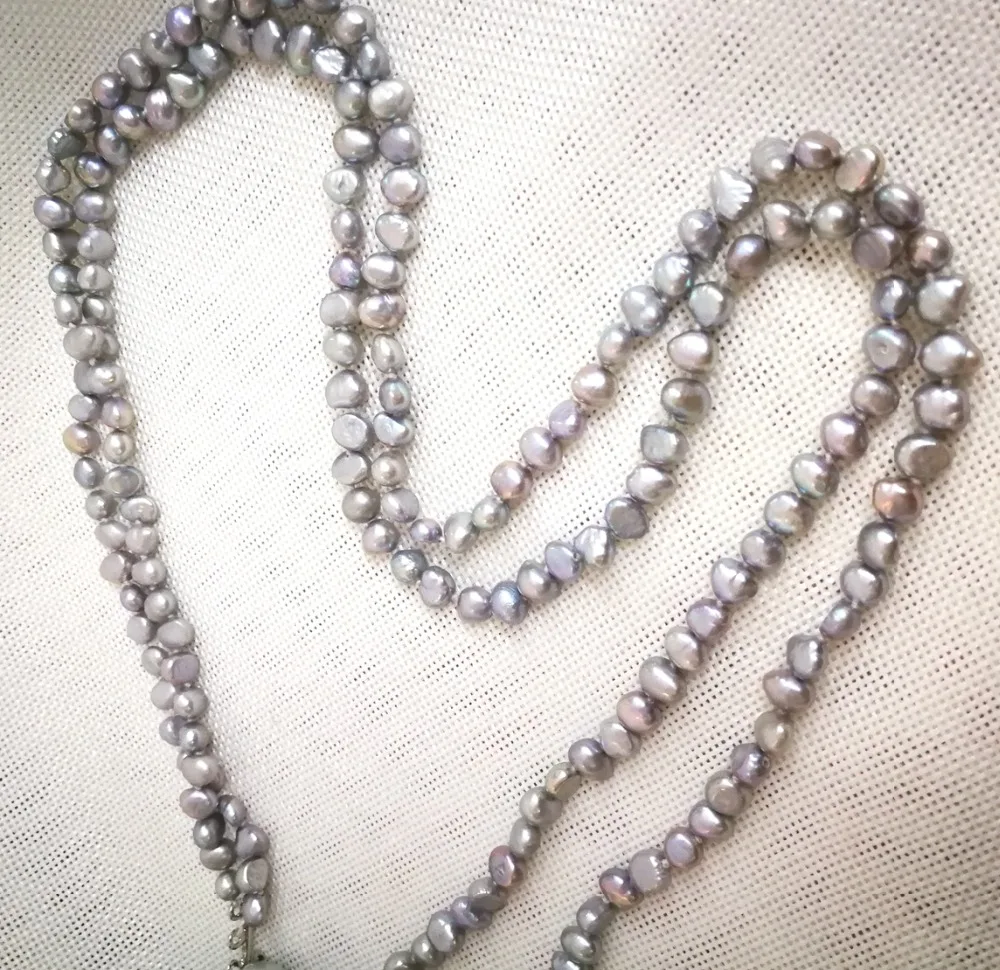 

160cm 63'' Women Jewelry necklace 6x7mm gray colors baroque flat pearl handmade Real cultured freshwater pearl gift