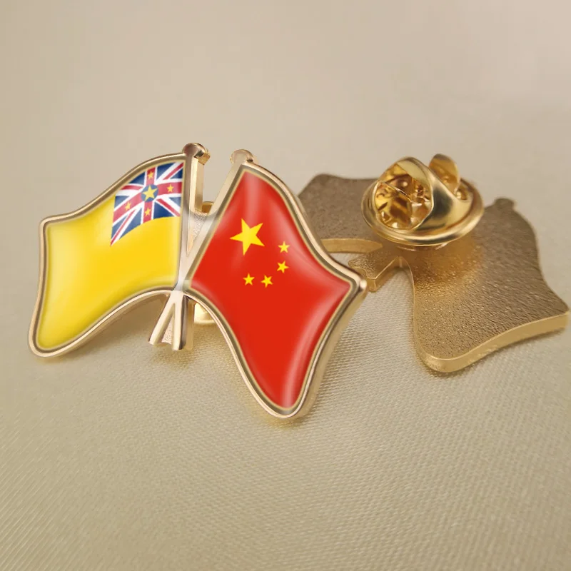 

Niue and China Crossed Double Friendship Flags Lapel Pins Brooch Badges