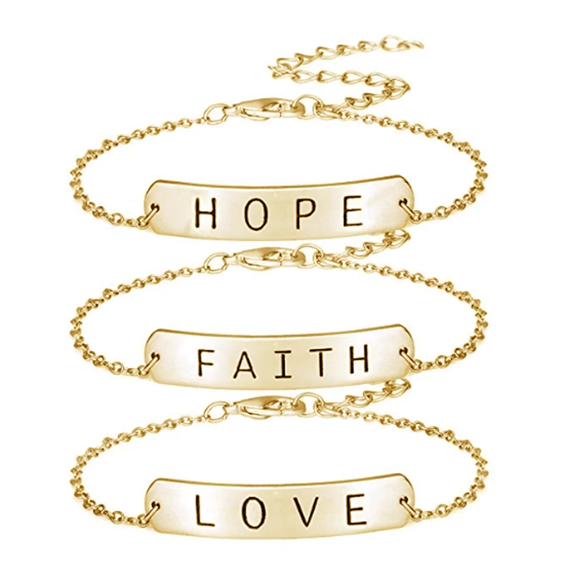 Модные вдохновляющие Hope Love Faith амулет, серебряный браслет золотого цвета, браслеты-цепочки для женщин и мужчин, ювелирные изделия из нержавеющей стали