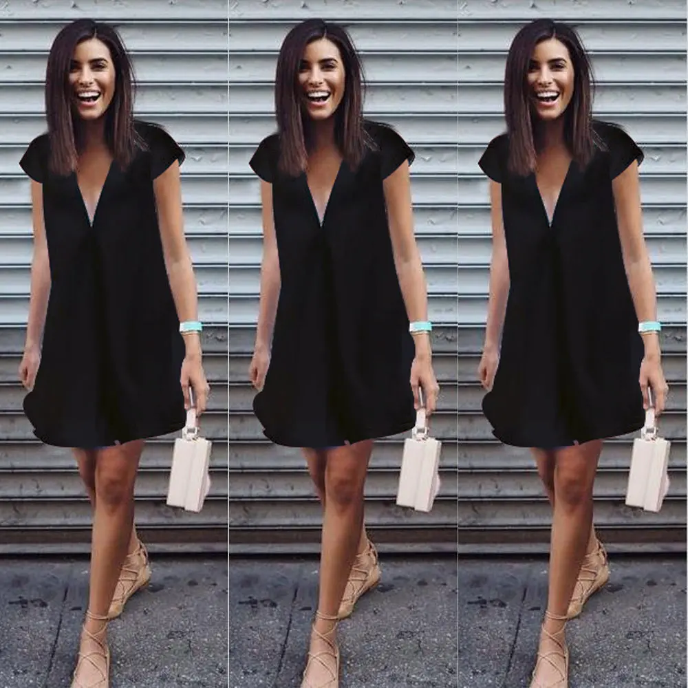 T Shirt Dress Mini White Black Streetwear Robe V Neck Vestidos Mujer 2019 Casual Zomer Jurk Ete Femme Solid Clothes | Женская одежда