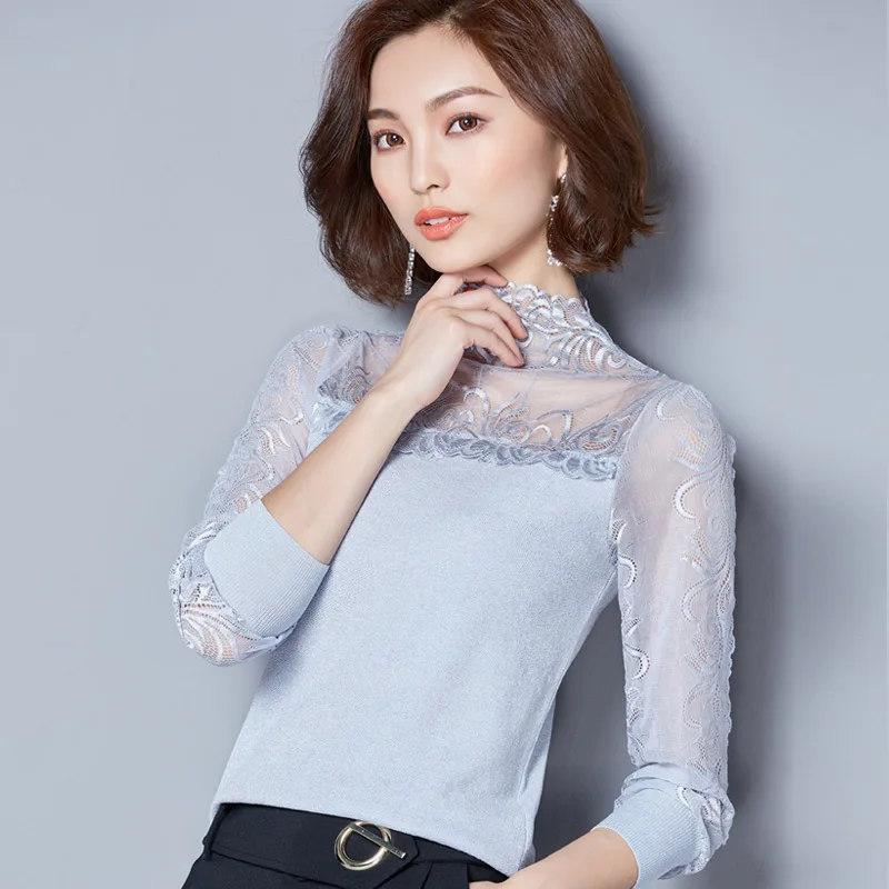 

2021 New Fashion Lace Stitching Turtleneck Women Render Unlined Upper Garment Female Casual Plus Size Hollow Blouse 101i 30